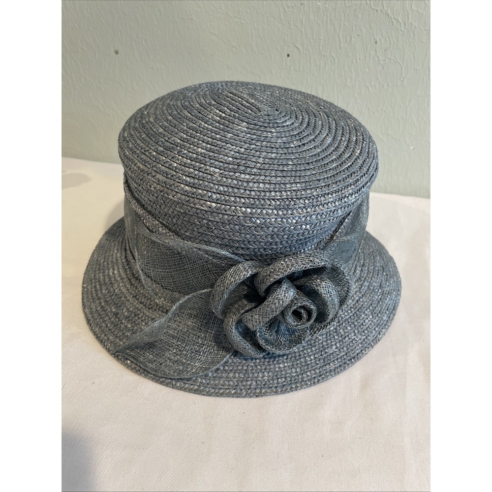VTG‎ Betmar New York Dusty Blue Flower Straw Summer Hat Derby Easter Church